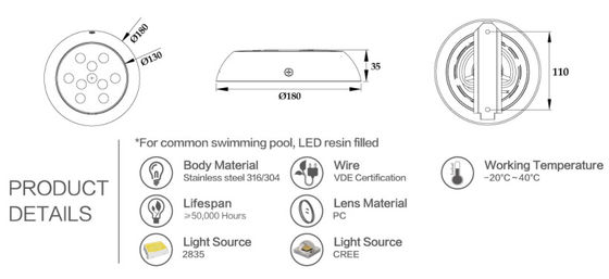 180mm 24V 12W ไฟ Led กันน้ำสำหรับสระว่ายน้ำ